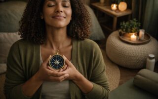 Eine Frau hält einen Kompass an ihren Körper